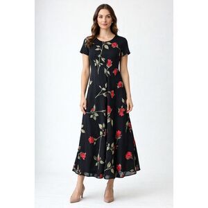 Jessica Howard Black Rose Floral Chiffon Midi Dress Short Sleeve A-Line Romantic